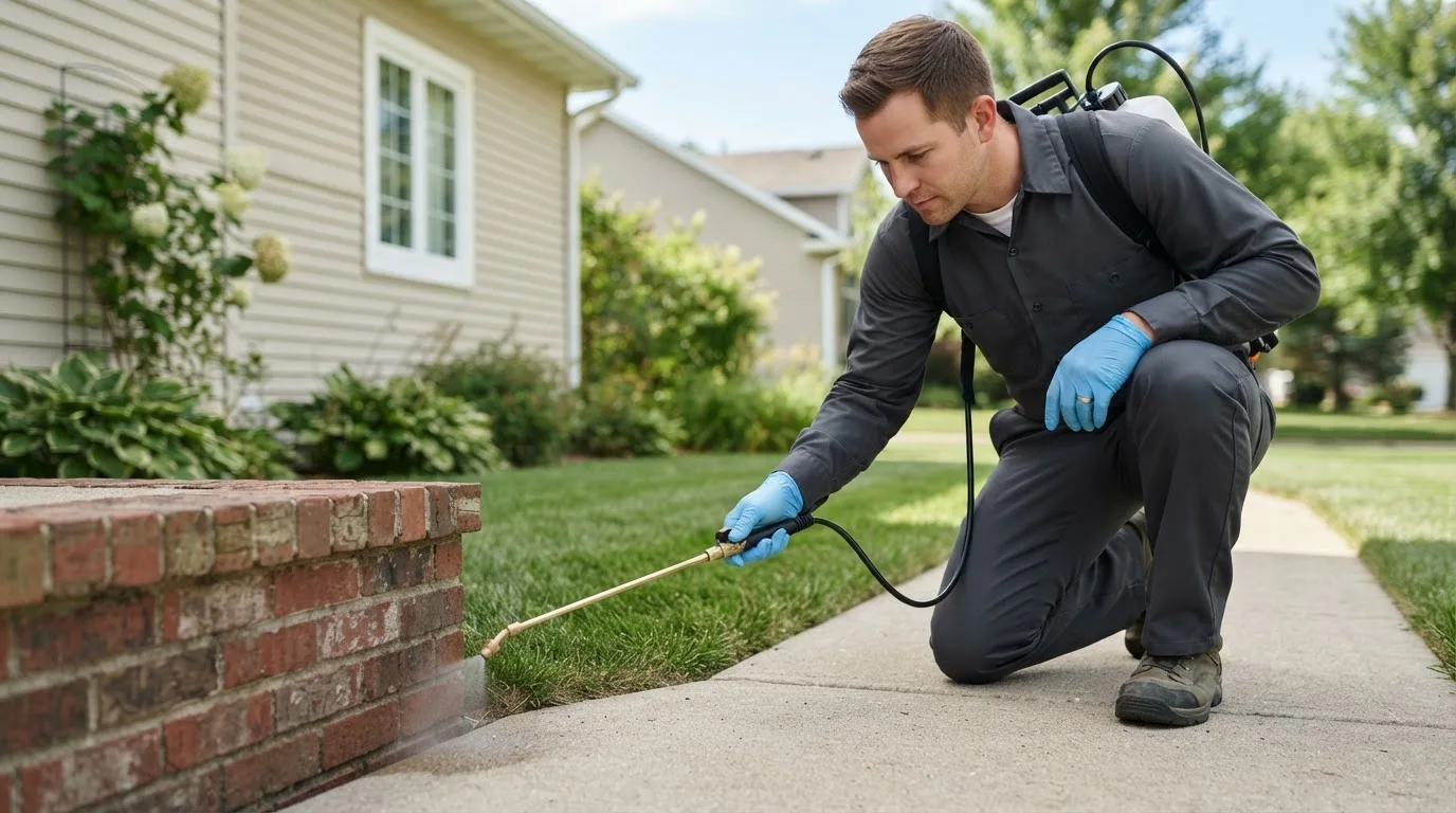 Pest control technician treating a home near Hodgen, OK