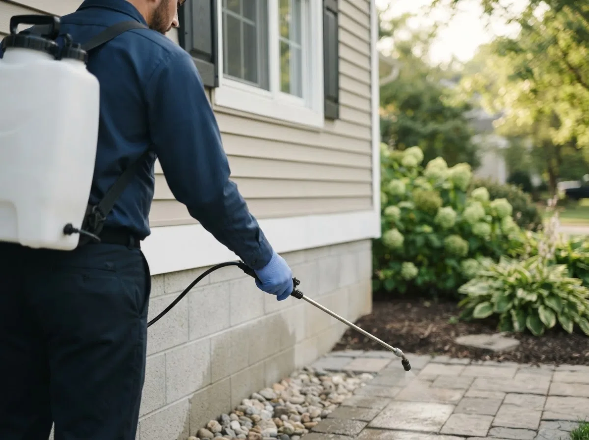 Pest control technician inspecting a home in Hodgen, OK